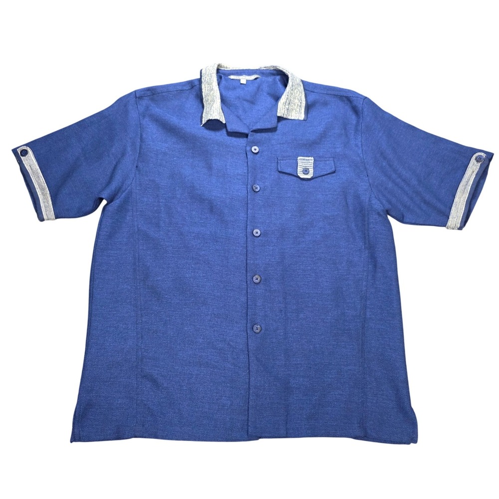 Silver Silk Linen Silk Blend Camp Shirt Men's Size L Blue Short Sleeve Trim Y2K